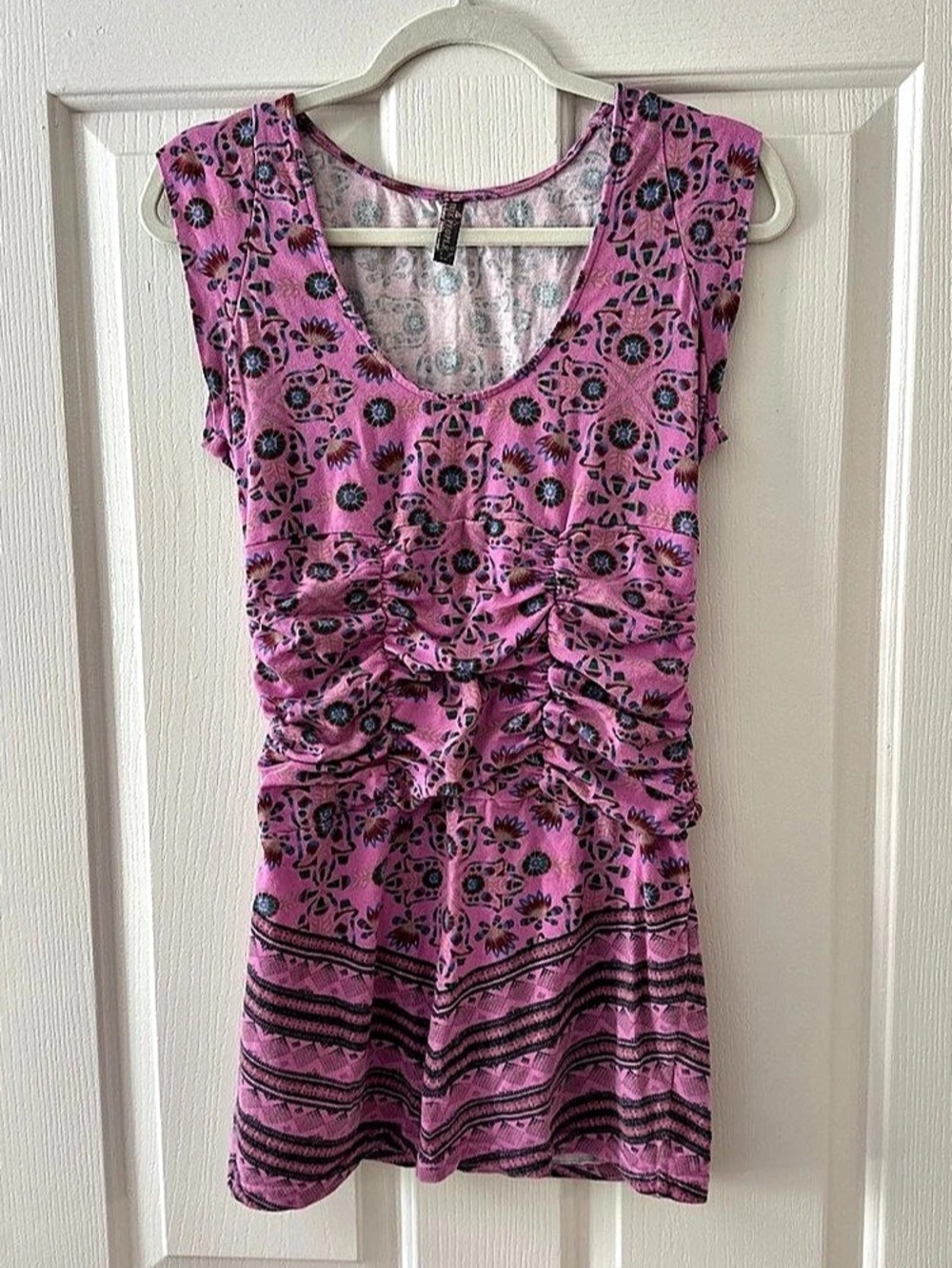 Free People Printed Ruched Mini Dress in Pink & Purple Size Medium